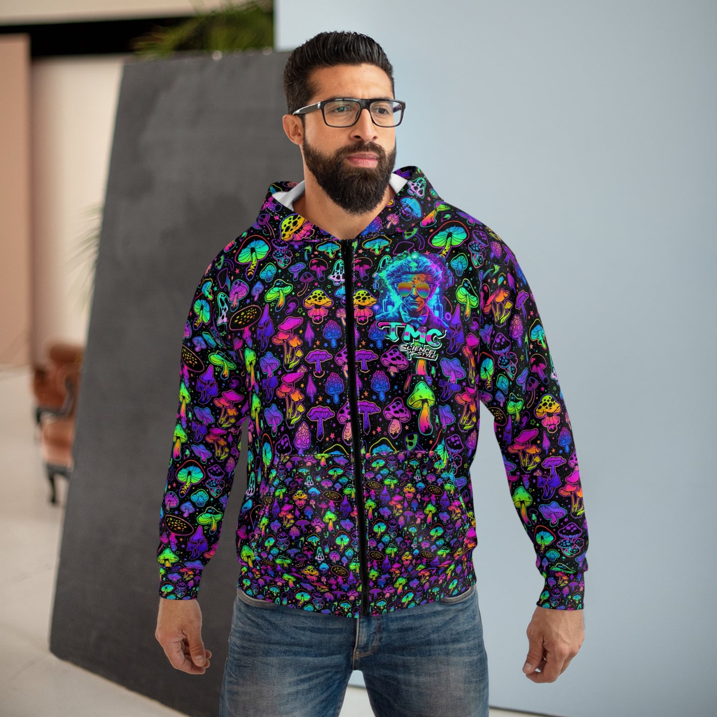 Psychedelic Mushroom Zip Hoodie - Mad Scientist Genius Design